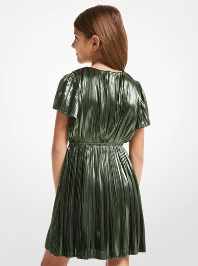 Pleated Lam&eacute; Belted Dress in JADE | Michael Kors