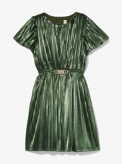 Pleated Lam&eacute; Belted Dress in JADE | Michael Kors