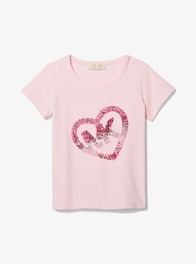 Stretch Cotton Sequined Logo Heart T-Shirt in PINK | Michael Kors