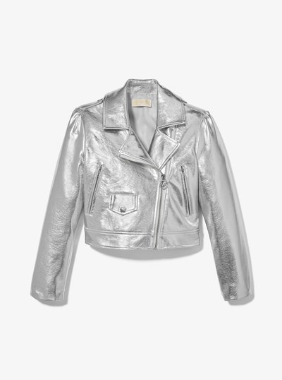 Metallic Faux Leather Moto Jacket in PALE GREY | Michael Kors