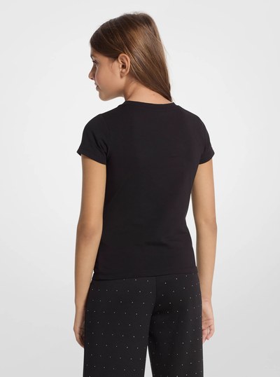 Crystal Embellished Stretch Cotton T-Shirt in BLACK | Michael Kors