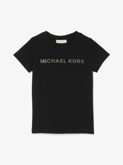 Crystal Embellished Stretch Cotton T-Shirt in BLACK | Michael Kors