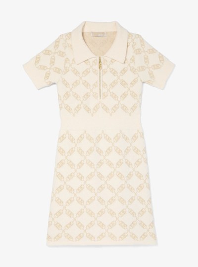 Empire Diamond Textured Knit Quarter-Zip Dress in CREAM | Michael Kors