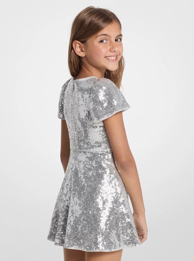 Sequined Short-Sleeve Twist-Front Dress in SILVER | Michael Kors