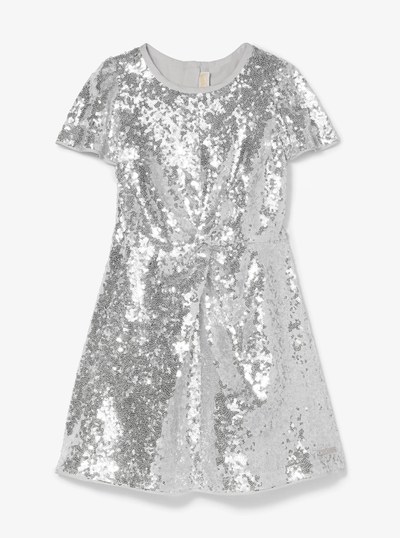 Sequined Short-Sleeve Twist-Front Dress in SILVER | Michael Kors