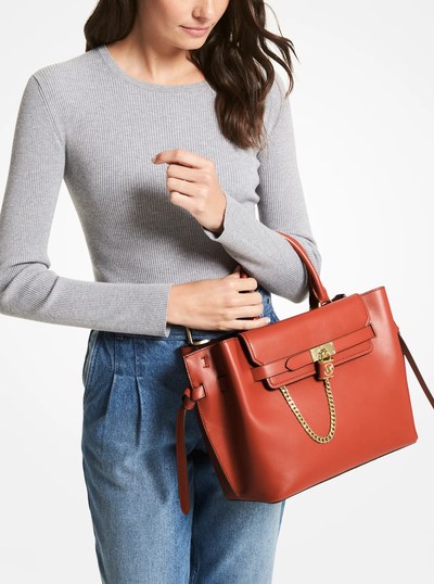 Hamilton Legacy Large Leather Belted Satchel in DEEP ORANGE | Michael Kors