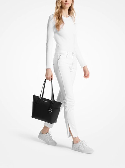 Jet Set Saffiano Leather Top-Zip Tote Bag in BLACK | Michael Kors