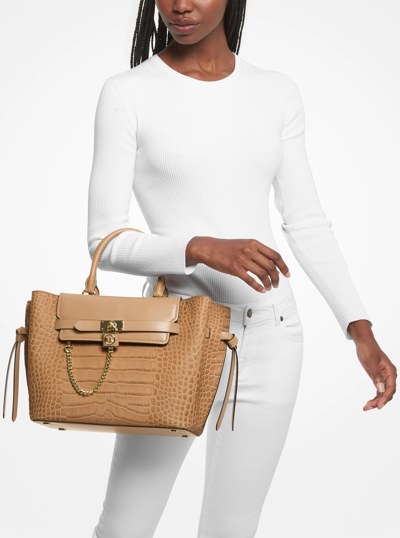 Hamilton Legacy Large Crocodile Embossed Leather Belted Satchel in CAMEL | Michael Kors