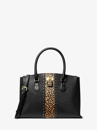 Ruby Medium Studded Leather and Leopard Print Calf Hair Satchel