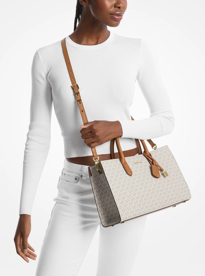 Scarlett Medium Signature Logo Satchel in VANILLA/ACORN | Michael Kors