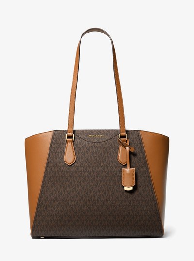 Taryn Large Signature Logo and Leather Tote Bag in BRN/ACORN | Michael Kors