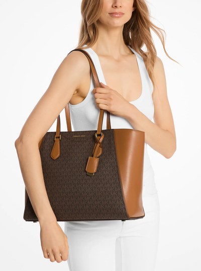 Taryn Large Signature Logo and Leather Tote Bag in BRN/ACORN | Michael Kors