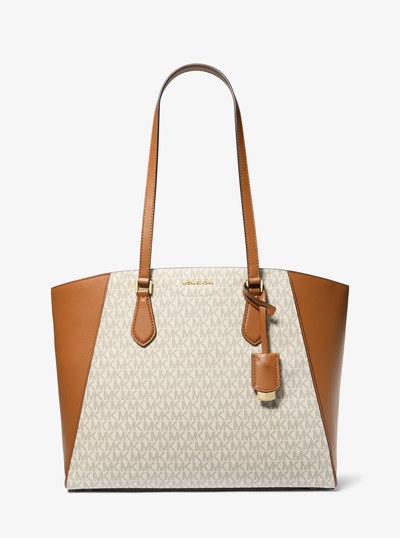 Taryn Large Signature Logo and Leather Tote Bag in VANILLA/ACORN | Michael Kors