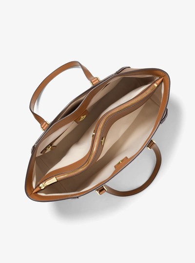 Taryn Large Signature Logo and Leather Tote Bag in VANILLA/ACORN | Michael Kors