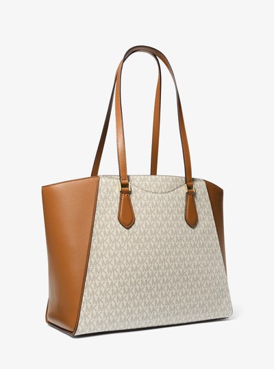 Taryn Large Signature Logo and Leather Tote Bag in VANILLA/ACORN | Michael Kors