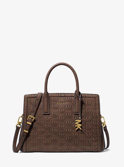 Laila Medium Logo Embossed Burnished Leather Satchel in CHOCOLATE | Michael Kors
