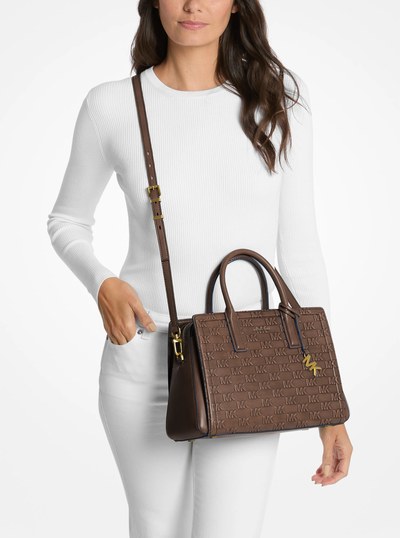 Laila Medium Logo Embossed Burnished Leather Satchel in CHOCOLATE | Michael Kors