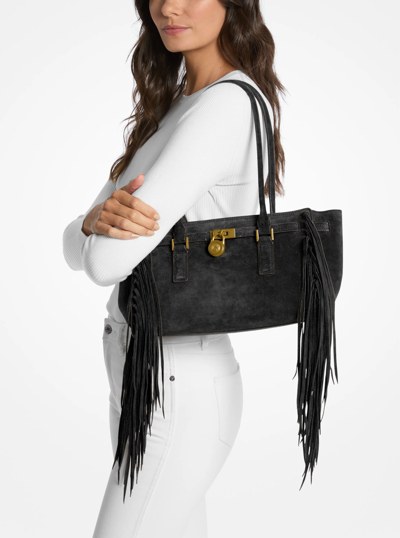Hamilton Moderne Small Fringed Suede Satchel in BLACK | Michael Kors
