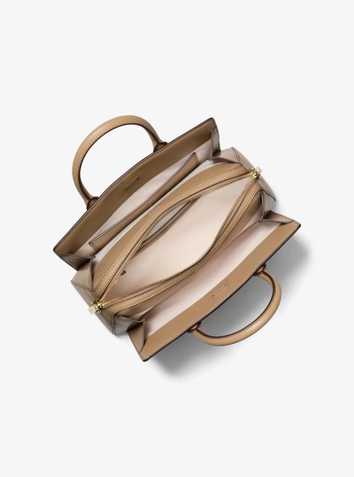 Laila Medium Metallic Signature Logo Satchel in HUSK | Michael Kors