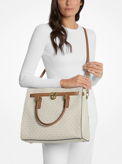 Hamilton Moderne Large Signature Logo Satchel in VANILLA/ACORN | Michael Kors