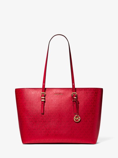 Quinn Large Metallic Signature Logo Tote Bag in CRIMSON | Michael Kors