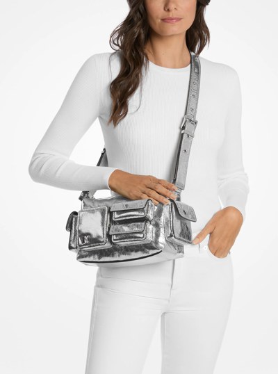 Dakota Medium Crackled Metallic Leather Shoulder Bag in SILVER | Michael Kors