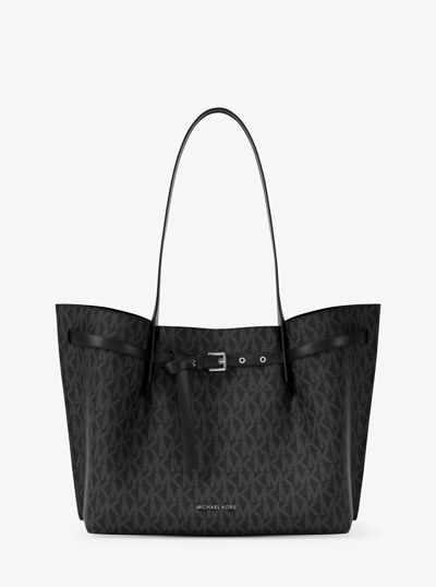 Emilia Large Signature Logo Tote Bag in BLACK | Michael Kors
