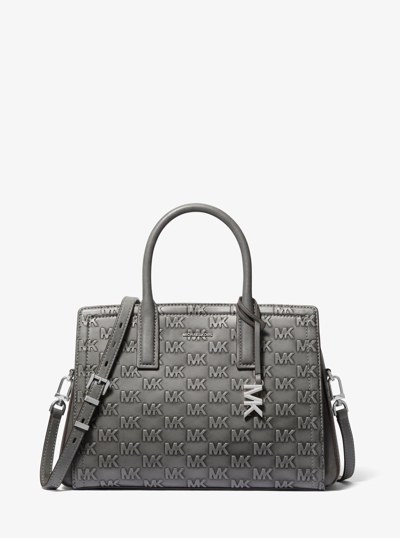 Laila Medium Logo Embossed Burnished Leather Satchel in STORM | Michael Kors