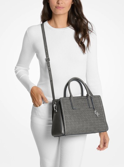 Laila Medium Logo Embossed Burnished Leather Satchel in STORM | Michael Kors