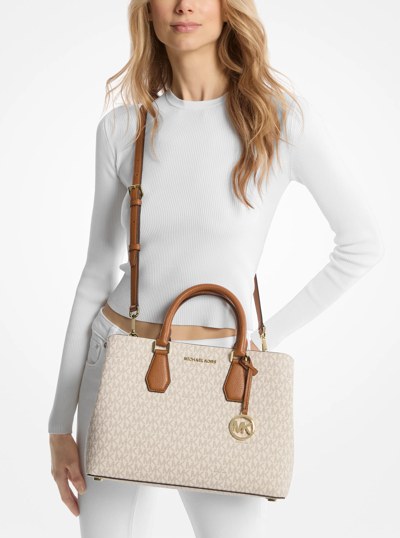 Camille Large Logo and Leather Satchel in VANILLA | Michael Kors