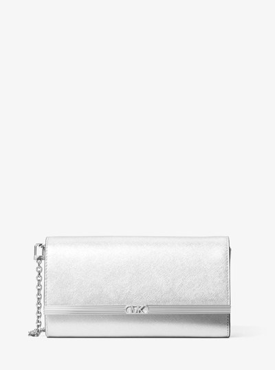 Mona Large Metallic Saffiano Leather Clutch in SILVER | Michael Kors
