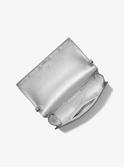 Mona Large Metallic Saffiano Leather Clutch in SILVER | Michael Kors