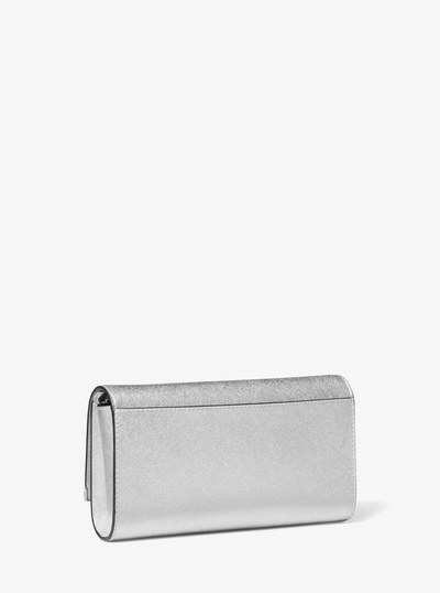 Mona Large Metallic Saffiano Leather Clutch in SILVER | Michael Kors