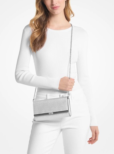 Mona Large Metallic Saffiano Leather Clutch in SILVER | Michael Kors