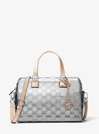 Grayson Medium Logo Embossed Patent Satchel in SILVER | Michael Kors