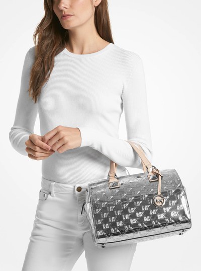 Grayson Medium Logo Embossed Patent Satchel in SILVER | Michael Kors