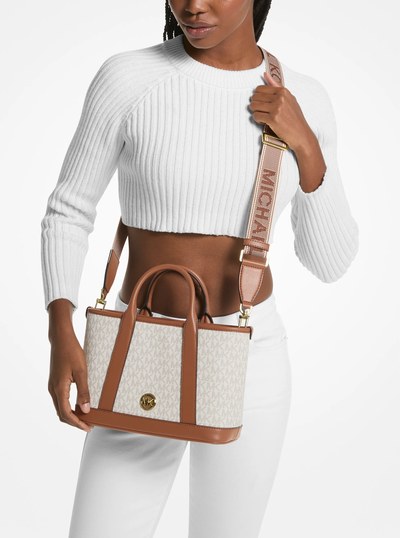 Luisa Small Signature Logo Satchel in VANILLA/LUGGAGE | Michael Kors