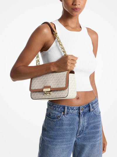 Tribeca Large Signature Logo Shoulder Bag in VANILLA/ACORN | Michael Kors