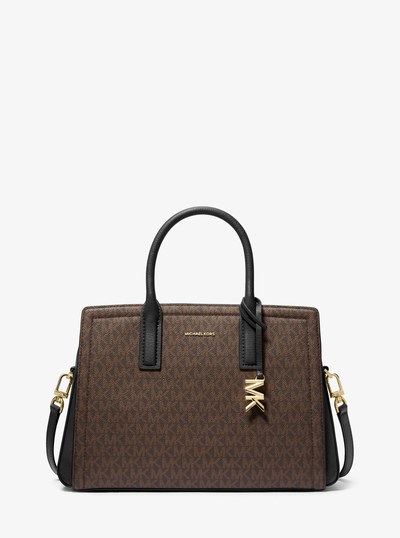 Laila Medium Signature Logo Satchel in BROWN/BLK | Michael Kors