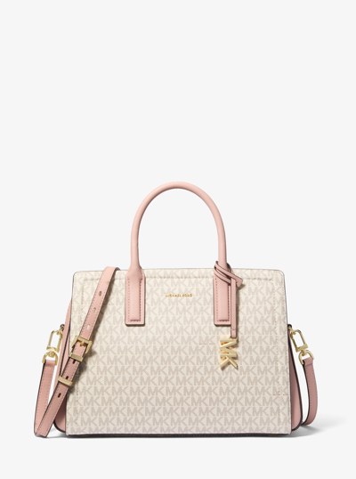 Laila Medium Signature Logo Satchel in VANILLA/SOFT PINK | Michael Kors