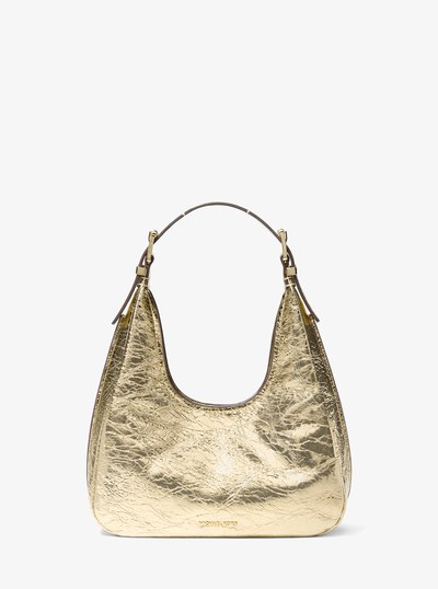 Nolita Small Metallic Crackled Leather Hobo Shoulder Bag in PALE GOLD | Michael Kors