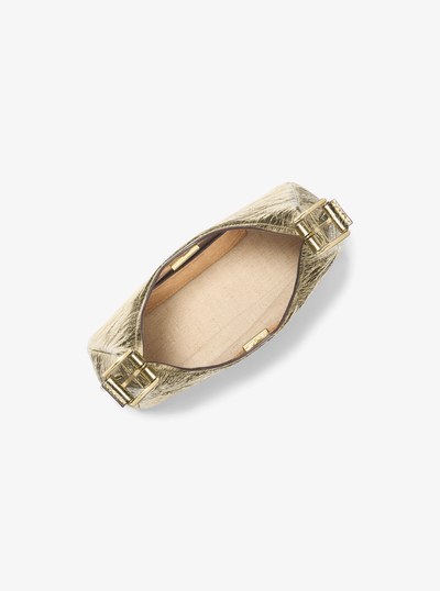 Nolita Small Metallic Crackled Leather Hobo Shoulder Bag in PALE GOLD | Michael Kors