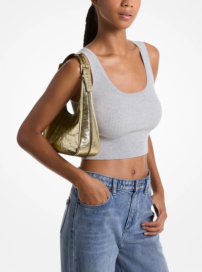 Nolita Small Metallic Crackled Leather Hobo Shoulder Bag in PALE GOLD | Michael Kors