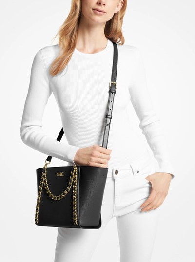 Westley Small Pebbled Leather Chain-Link Tote Bag in BLACK | Michael Kors