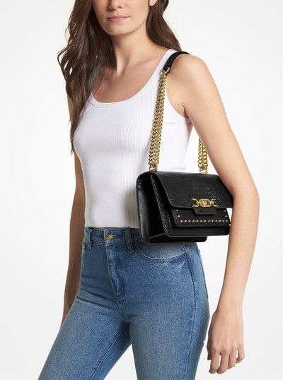 Heather Large Studded Crocodile Embossed Leather Shoulder Bag in BLACK | Michael Kors