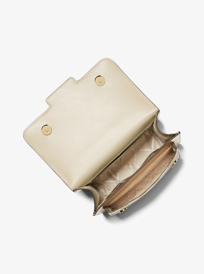 Heather Large Metallic Empire Logo Jacquard Shoulder Bag in PALE GOLD/NATURAL | Michael Kors