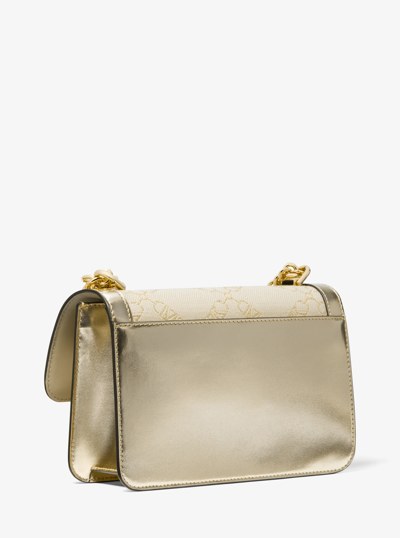 Heather Large Metallic Empire Logo Jacquard Shoulder Bag in PALE GOLD/NATURAL | Michael Kors
