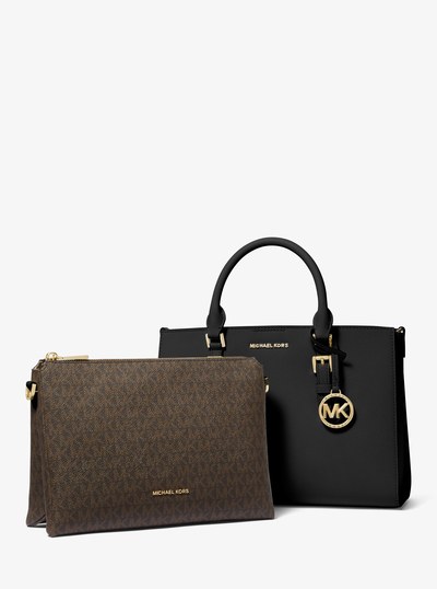 Bolso satchel Sally 2 en 1 mediano de cuero saffiano con logotipo in NEGRO | Michael Kors