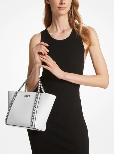 Westley Small Pebbled Leather Chain-Link Tote Bag in OPTIC WHITE | Michael Kors