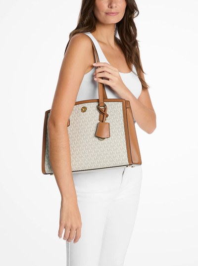 Chantal Medium Signature Logo Tote Bag in VANILLA/ACORN | Michael Kors